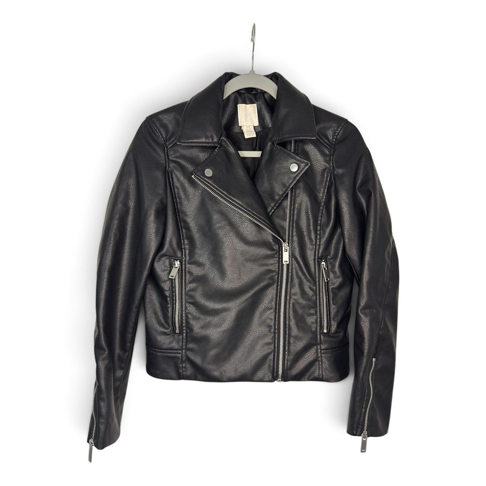 H&M Women's XS Black Faux Leather Moto Biker Jacket Asymmetrical Zip